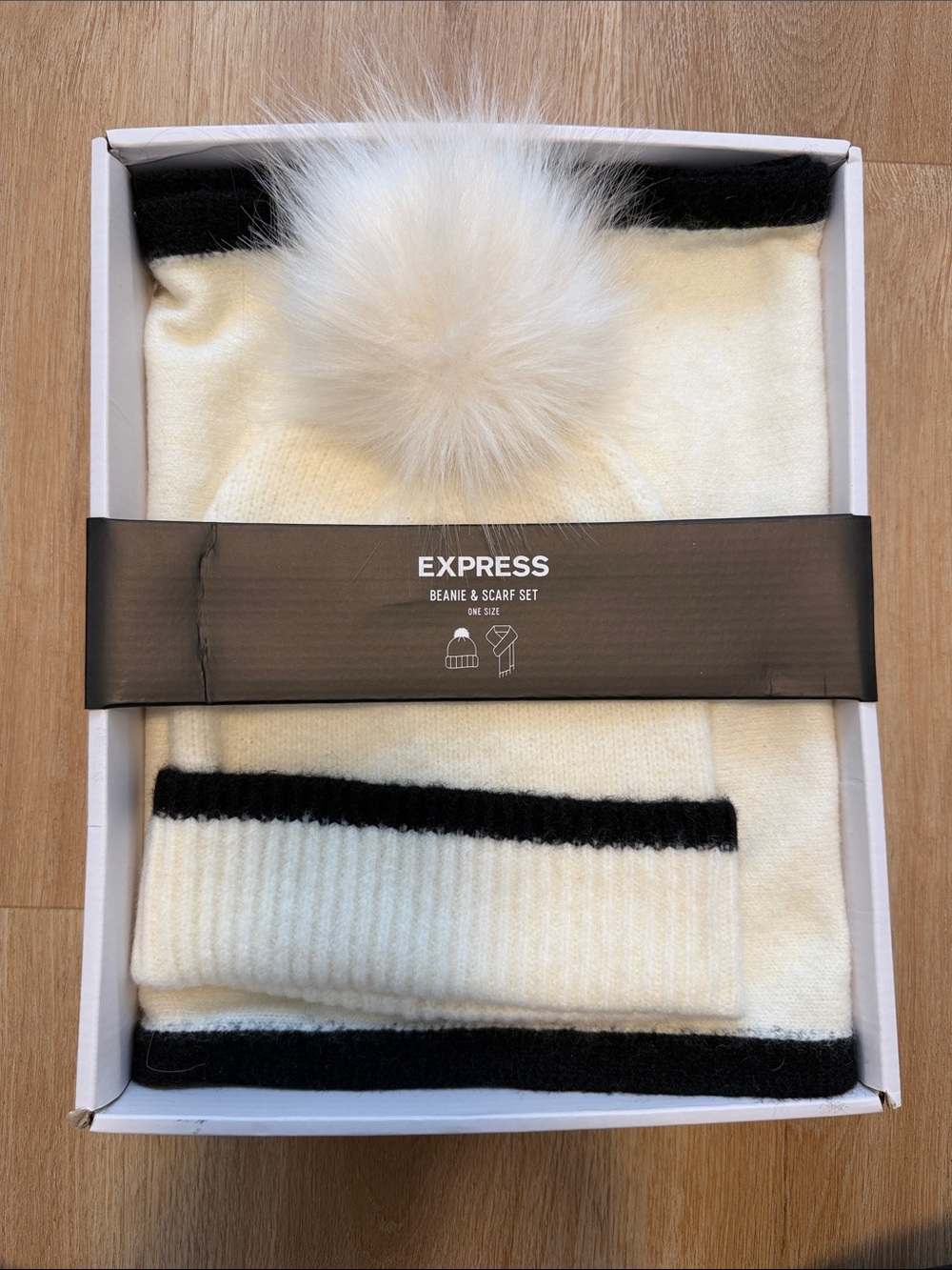 Express Cream Beanie & Scarf Set with Black Trim and Pom